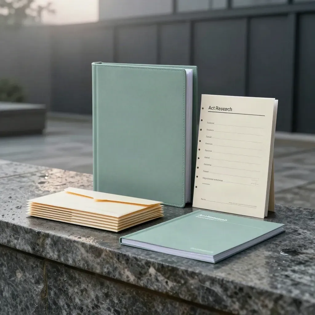 Unbranded survey kit on stone with binder, envelopes, folio and misty morning light.