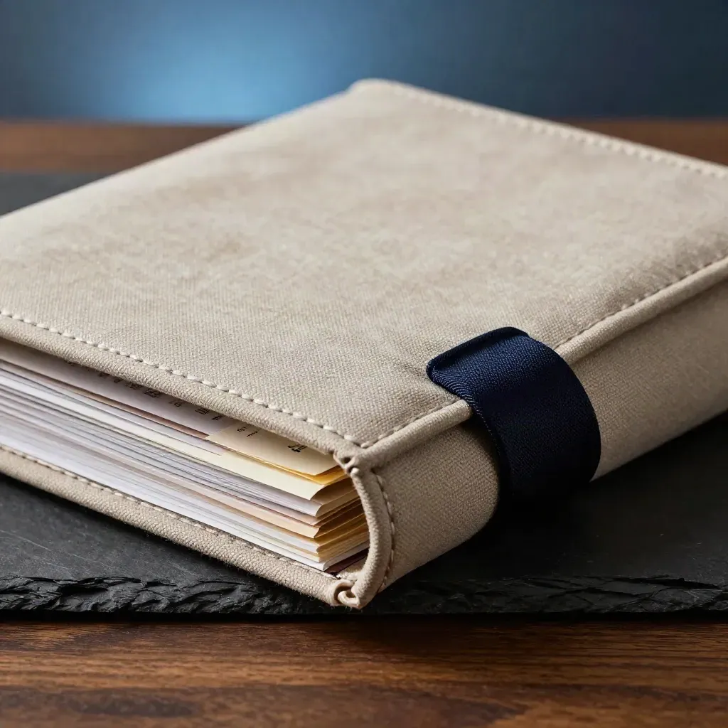 Linen-wrapped competitor review dossier with navy tie, folded at the seam on dark wood.