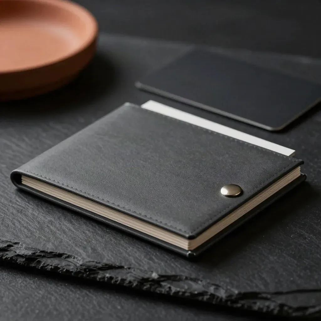 Rim-lit board summary folder, booklet and steel clip on a dark studio surface.
