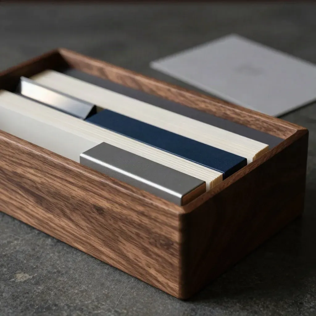 Premium tracker box macro with modular inserts, divider and matte block in warm walnut and navy tones.