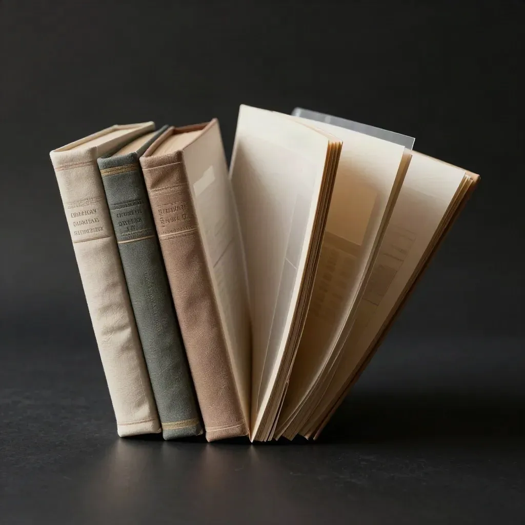 Four bound research volumes, an open folder and sample decks on a dark studio surface.