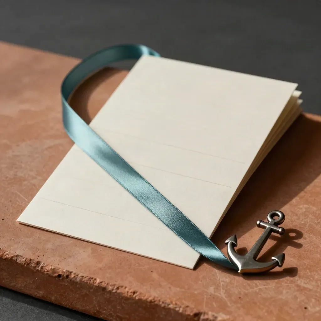 Teal ribbon journey map cards and a metal anchor weight on a terracotta slab.