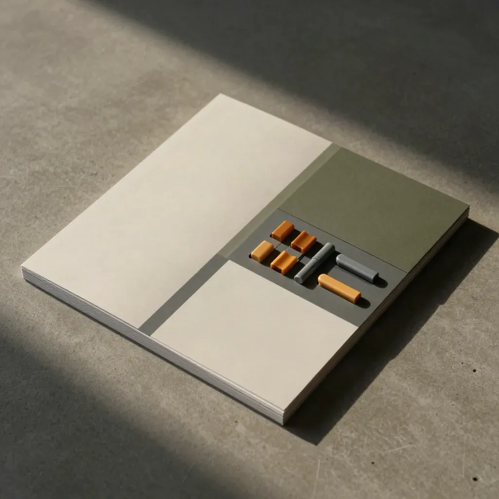 Overhead civic poll kit with blank slips, slim folder and amber counters on concrete