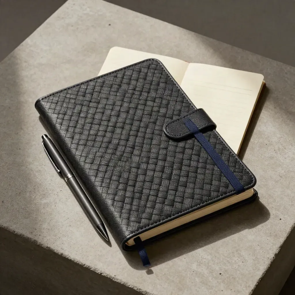 Closed strategy notebook, pen and folded cards on concrete in a premium overhead flatlay.